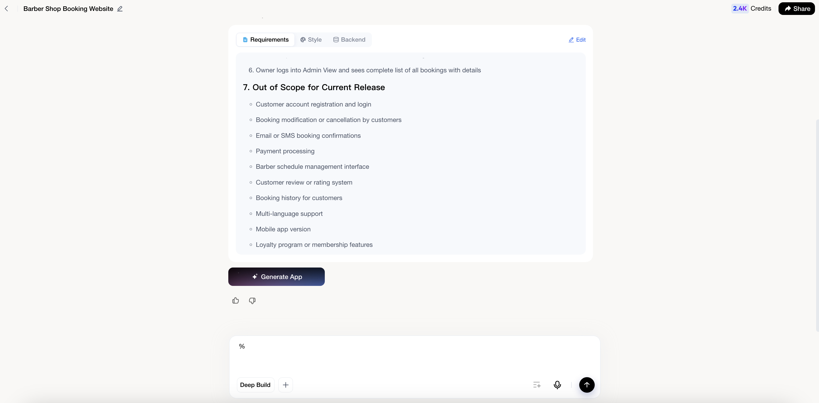 The generated requirements document with Requirements, Style, and Backend tabs