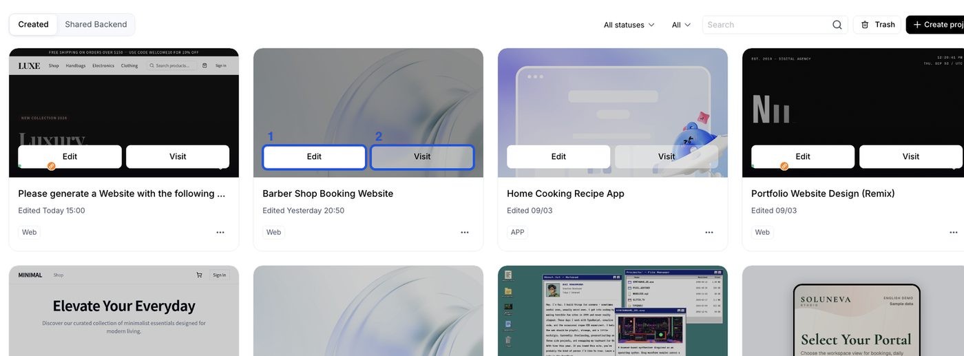 Project list with Edit and Visit on a booking-site card