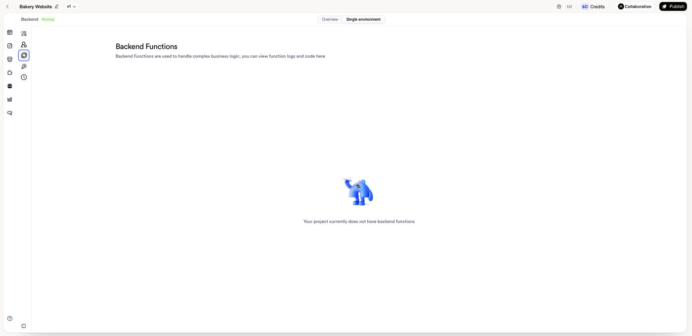 The Backend Functions panel in the Backend view. This project has no functions yet.