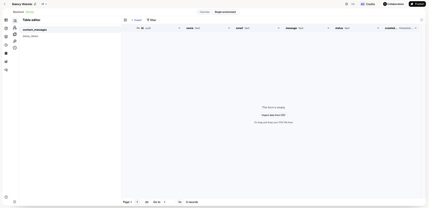 The Table editor in the Backend view. This table has no rows yet and offers CSV import.