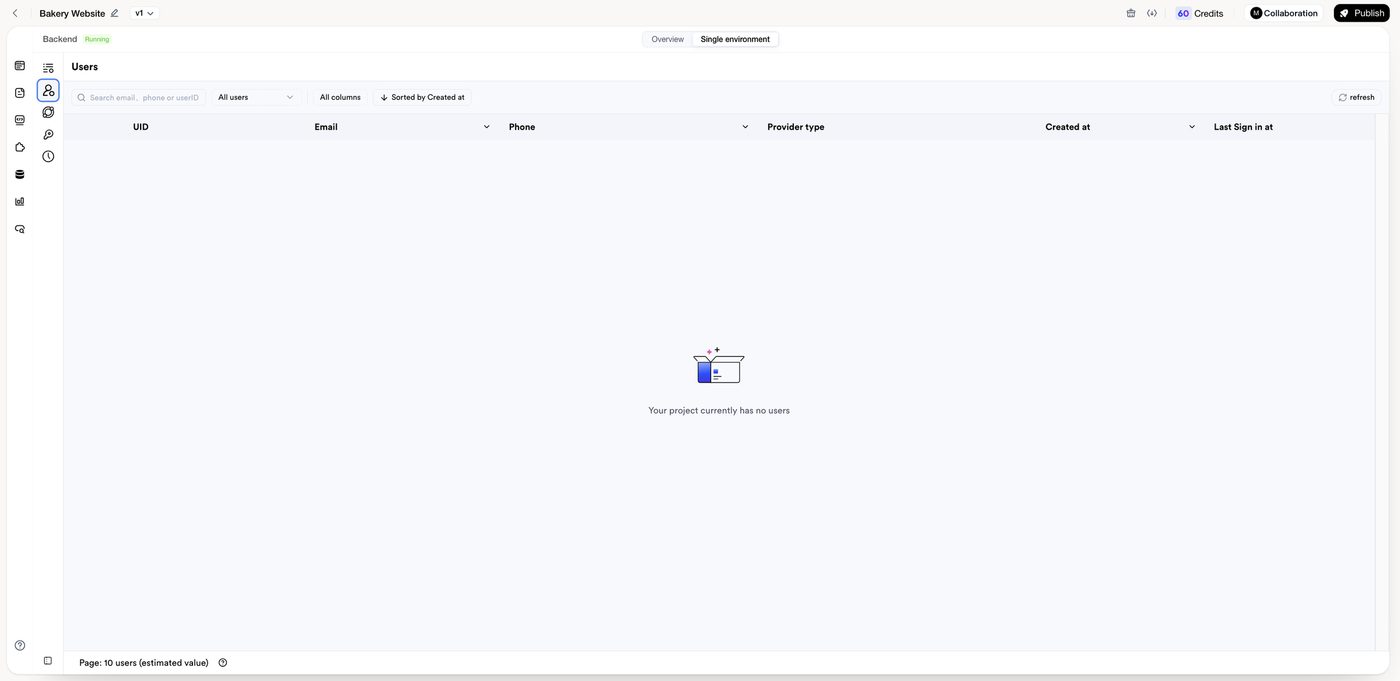 User management in the Backend view. This project has no users yet.