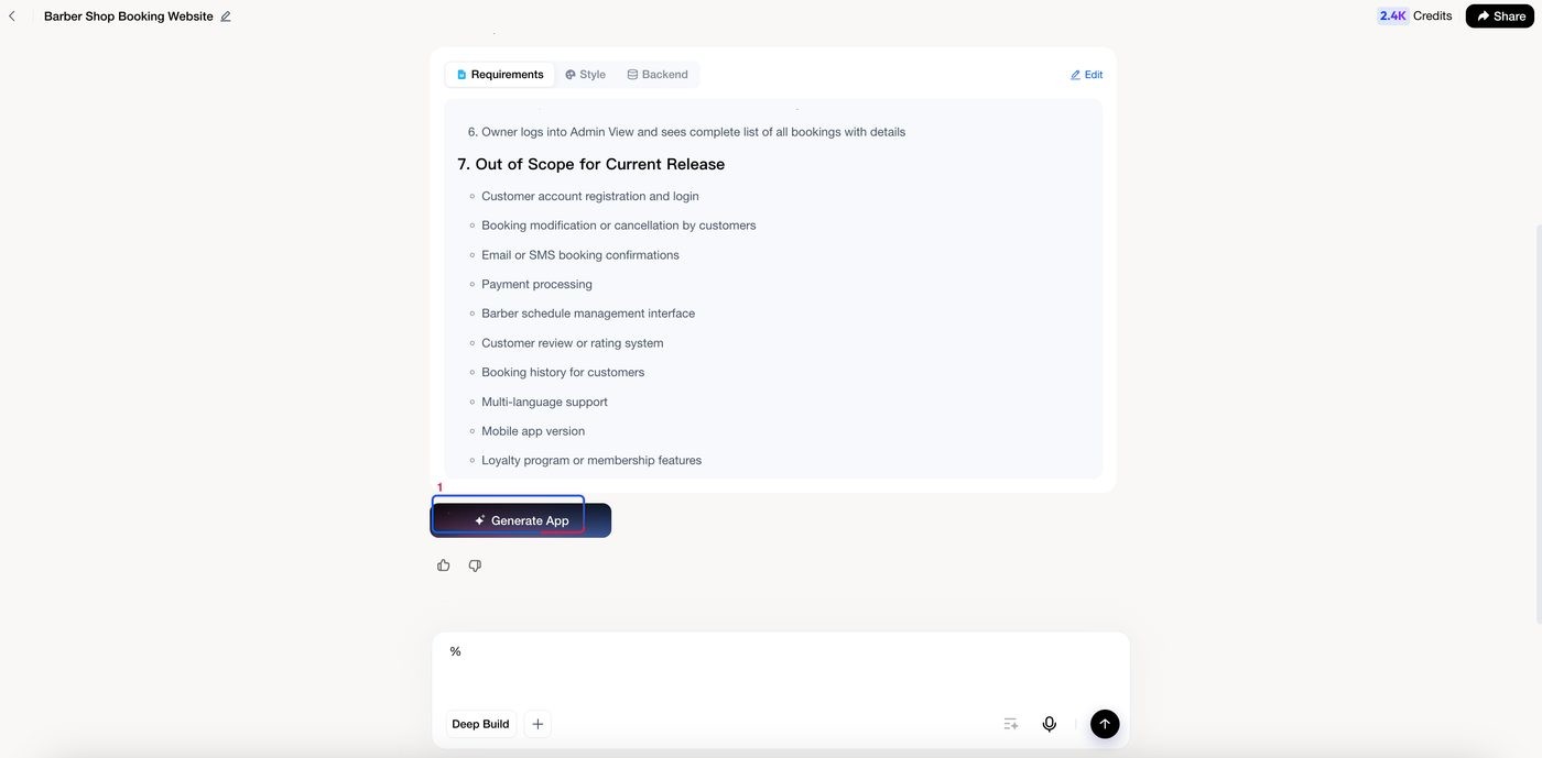 Bouton Generate App sous le document des exigences