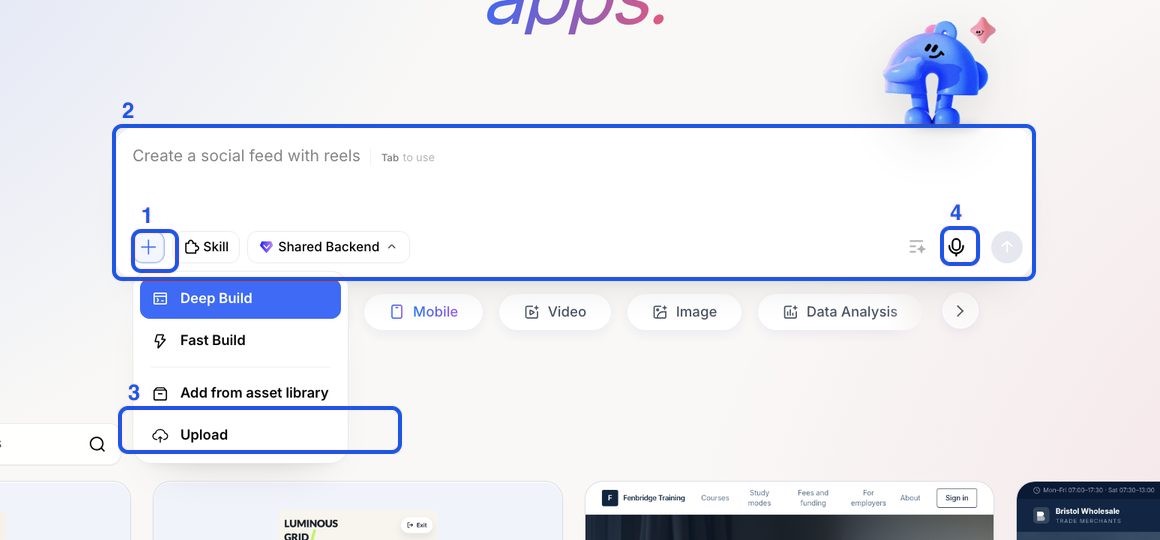 Prompt d'accueil avec le menu plus ouvert : Deep Build, Fast Build, Add from asset library et Upload