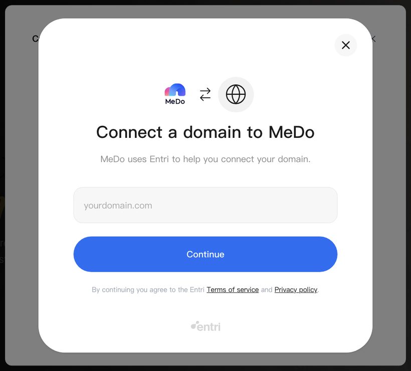 The Connect a domain to MeDo screen with a field for your domain