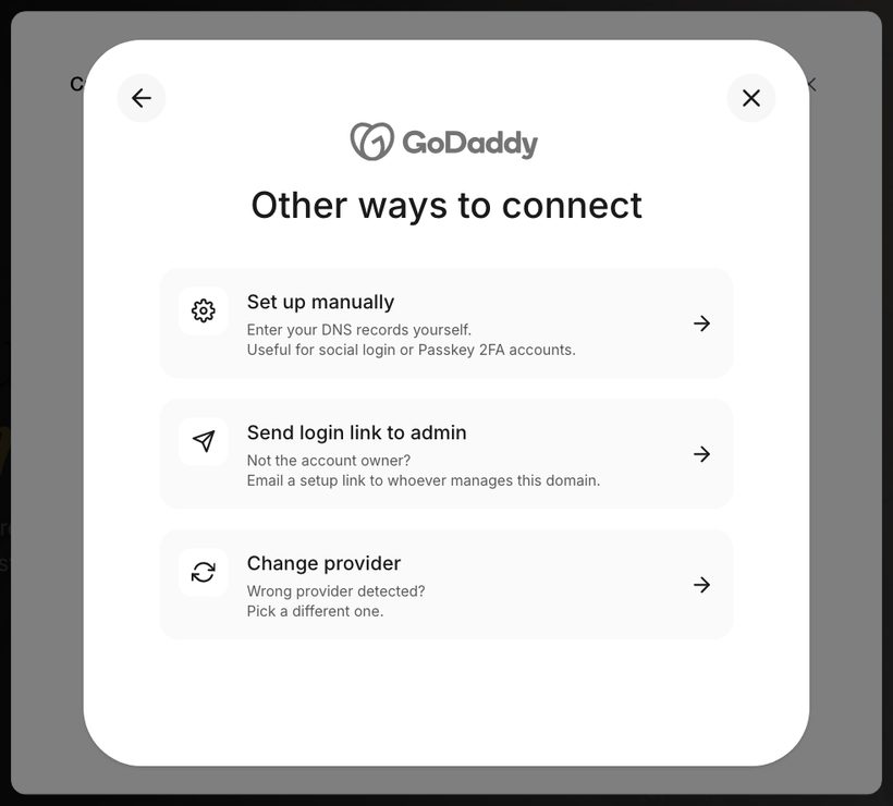 Other ways to connect: Set up manually, Send login link to admin, Change provider
