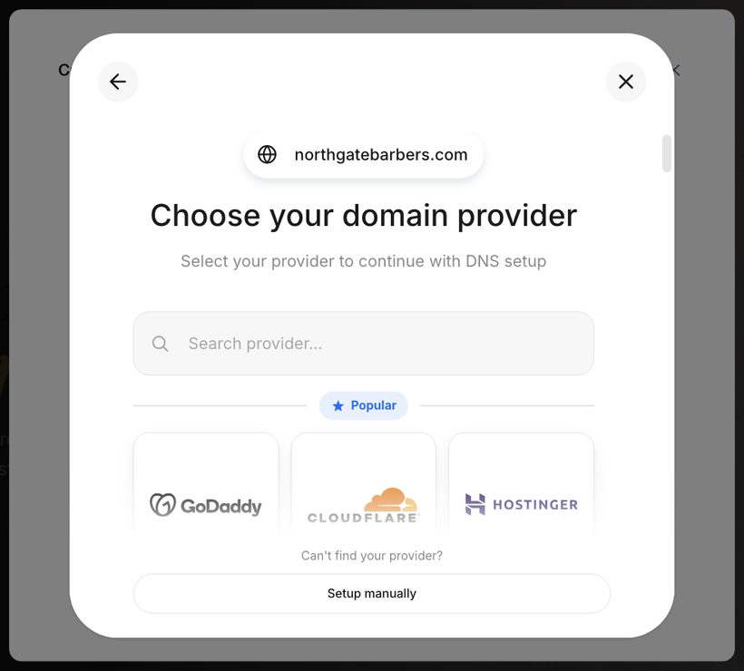 The Choose your domain provider screen with GoDaddy, Cloudflare, Hostinger and a search box