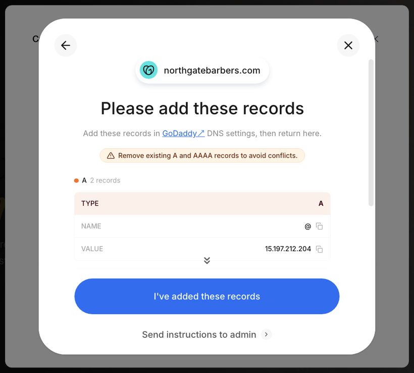 The Please add these records screen listing the record type, name, and value with copy buttons