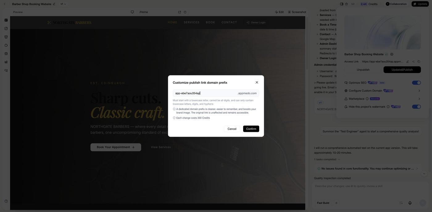 The Customize publish link domain prefix dialog