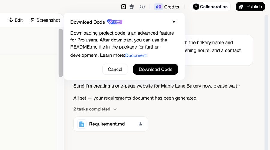 L'infobulle Download Code dans la barre supérieure de l'éditeur