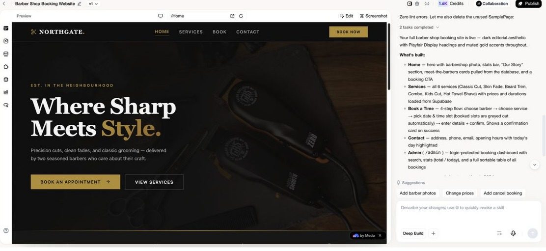The editor after a build, with the conversation on the left and a working preview on the right
