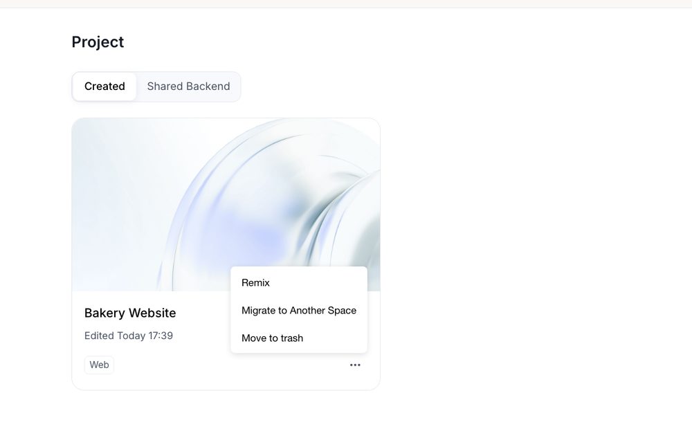 The project card menu with Unpublish, Remix, Migrate to Another Space, and Move to trash