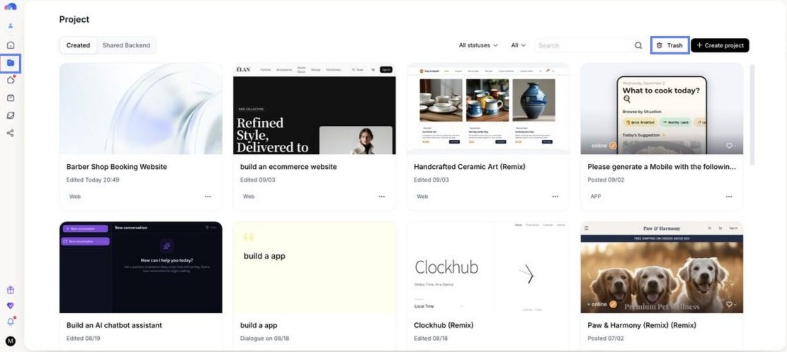 The project list showing each app with its last edited time