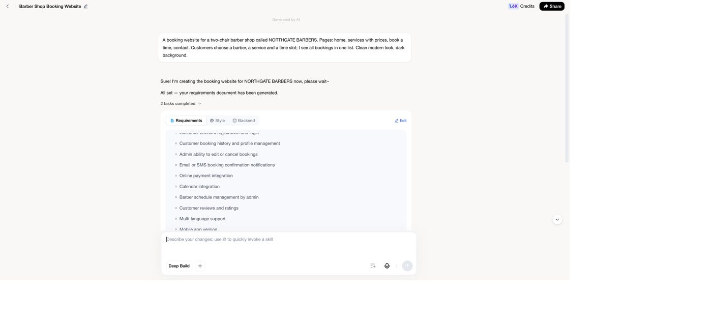 The requirements document MeDo writes back, with Requirements, Style, and Backend tabs, an Edit button, and Generate App