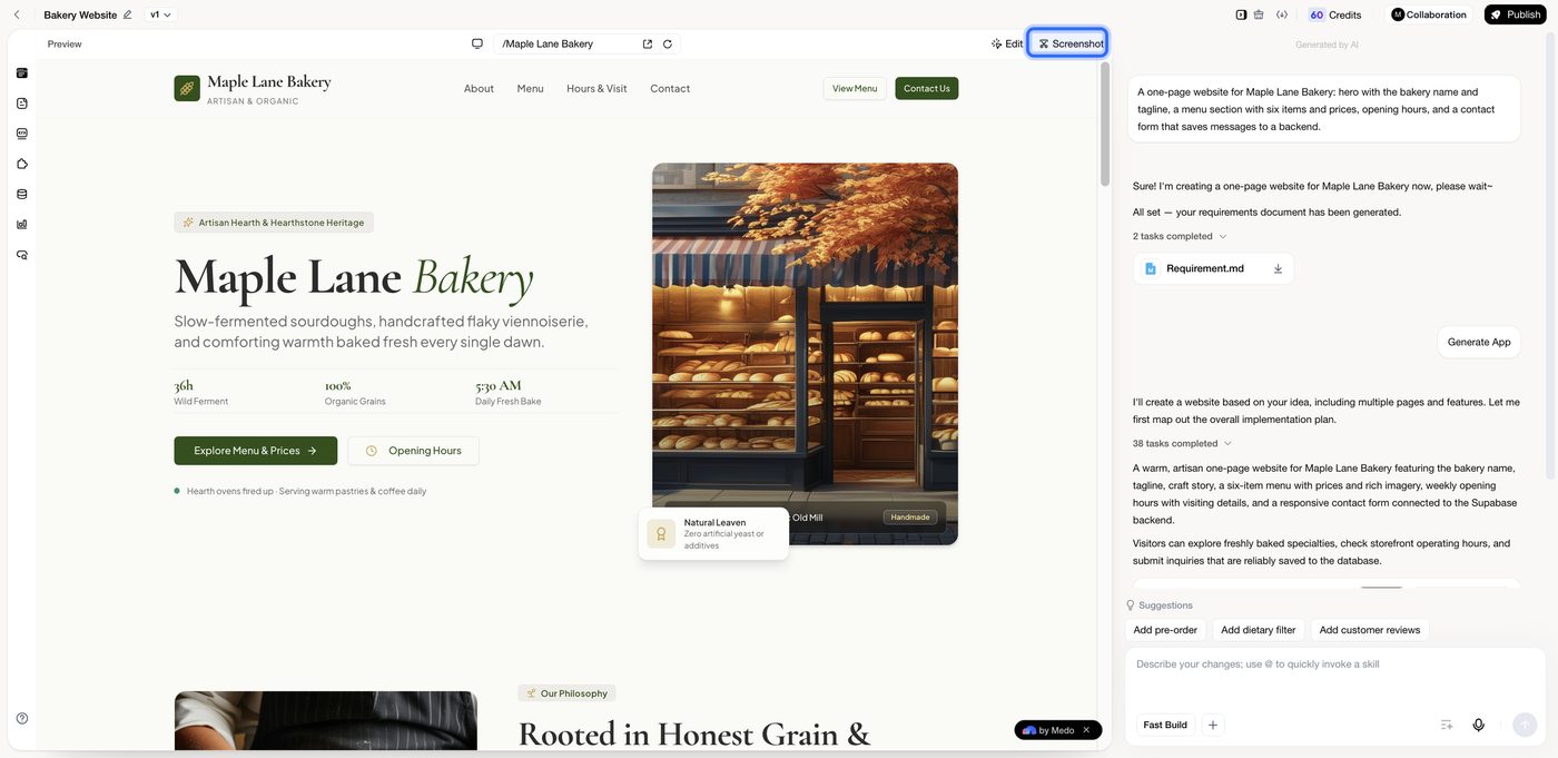 The editor toolbar above the preview with the Screenshot button highlighted