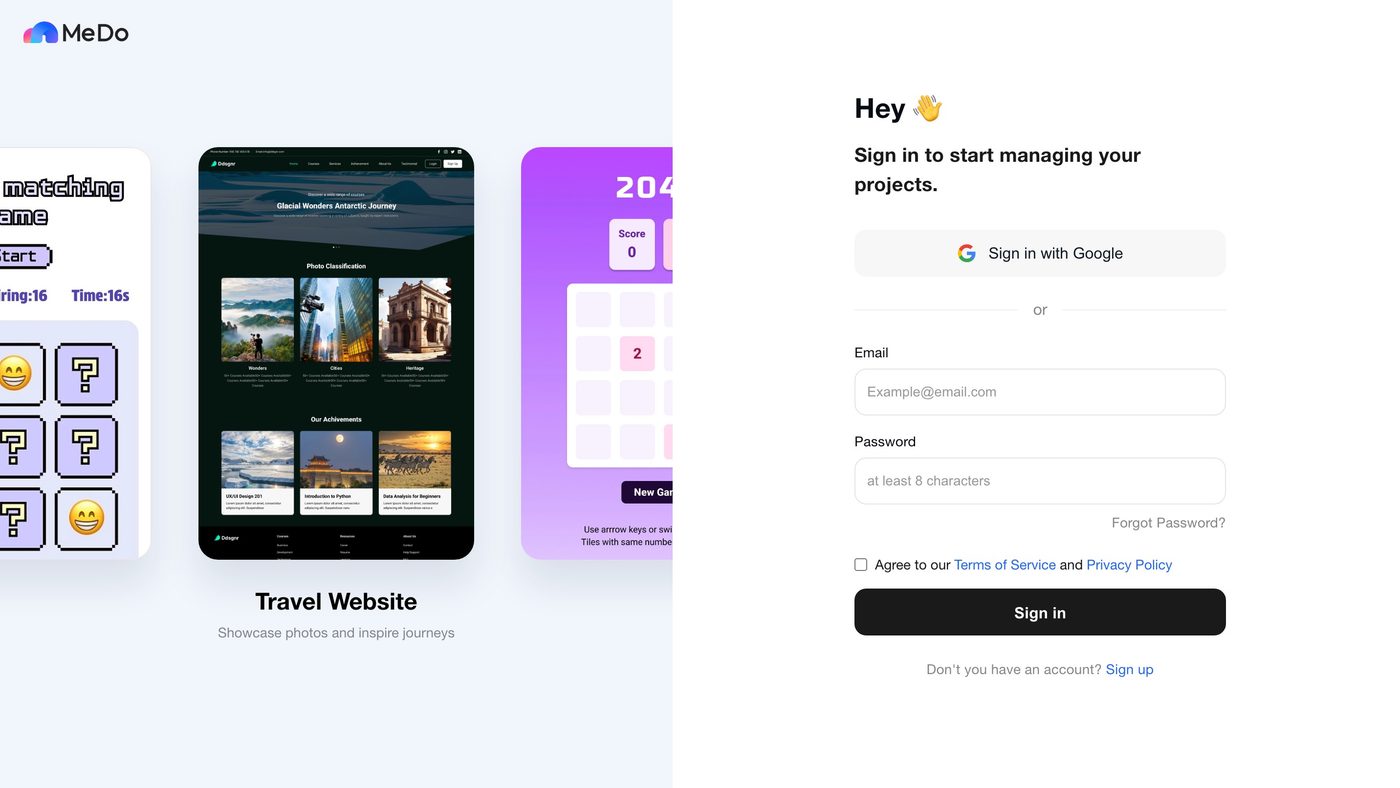 The MeDo sign-in screen