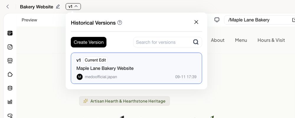 The Historical Versions panel opened from the version button in the top bar