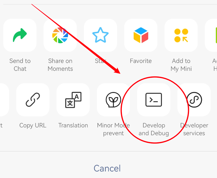 WeChat ミニプログラムメニューの Development Debugging オプション